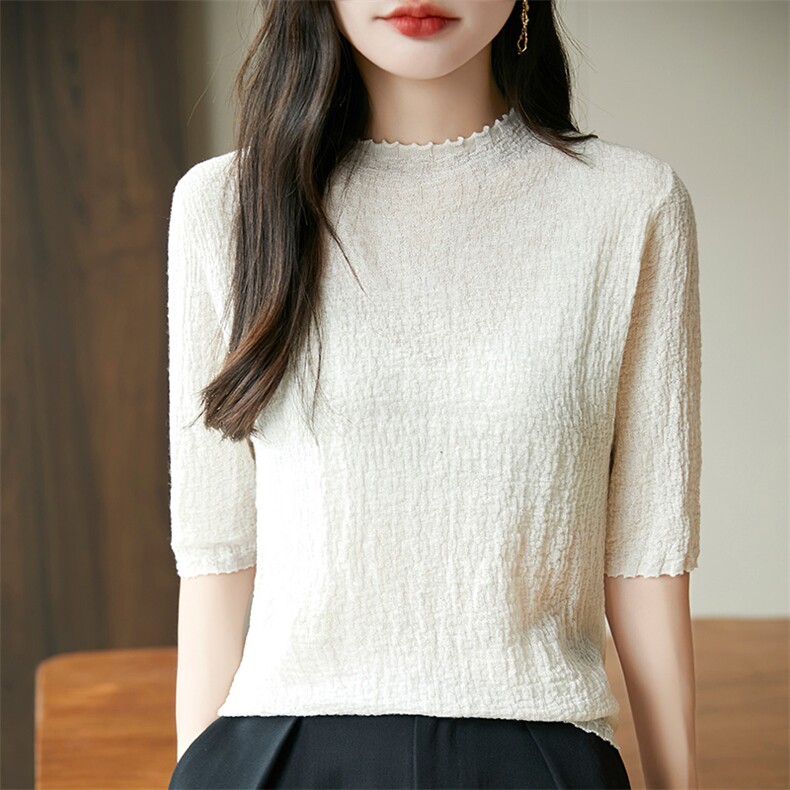 肌理感五分袖针织打底衫女25新款半袖精纺羊毛半高领中袖毛衣内搭，女装羊毛衫，片语羊绒
