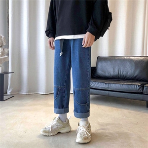 港风春款男牛仔裤工装大口袋宽松直筒九分裤N图片