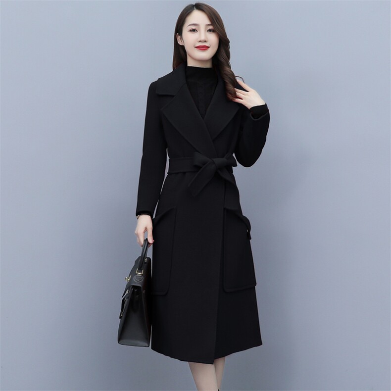 时尚简约大方系带欧版全羊毛长款大口袋双面羊绒大衣,女装毛呢外套,媚琳依坊