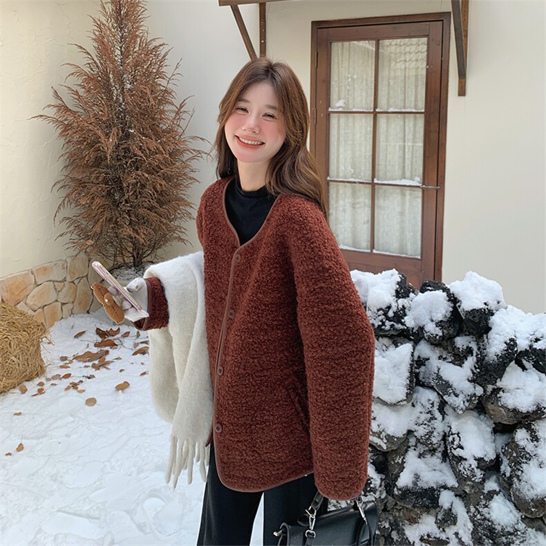 安可拉红羊羔毛外套女冬2024新款高级感宽松小个子两面穿保暖棉服图片