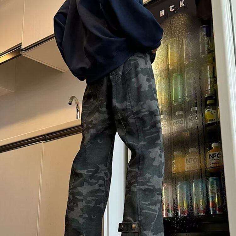 复古迷彩工装牛仔裤男女秋冬季新款裤子宽松直筒阔腿长裤NZY757,男装牛仔裤,星座516A
