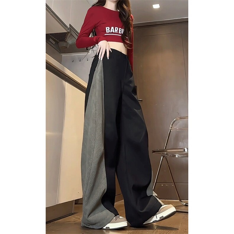 美式复古弯刀牛仔裤女秋冬撞色拼接设计感阔腿裤加厚直筒休闲长裤,男装牛仔裤,星座506A