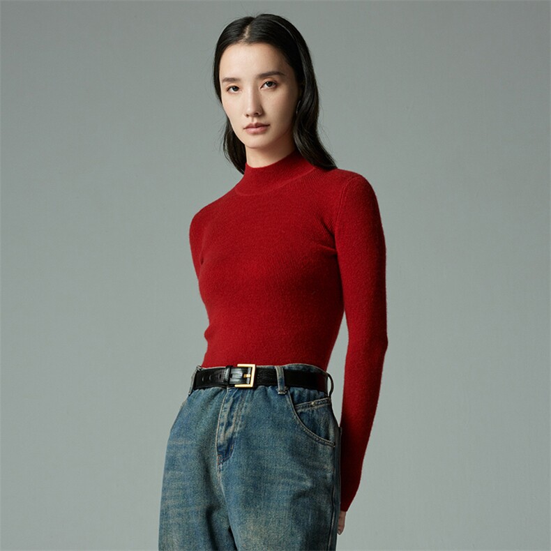半高领长袖35%羊绒衫女秋冬新品修身显瘦坑条内搭针织衫,女装羊绒衫,木淼羊绒