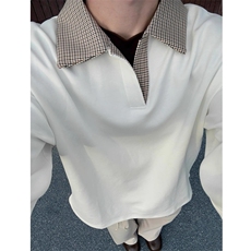 现货千鸟格拼接翻领T恤长袖上衣情侣款男女CX01-TP35，男装T恤，星座910A