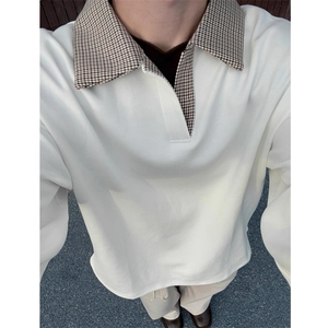 现货千鸟格拼接翻领T恤长袖上衣情侣款男女 CX01-TP35图片