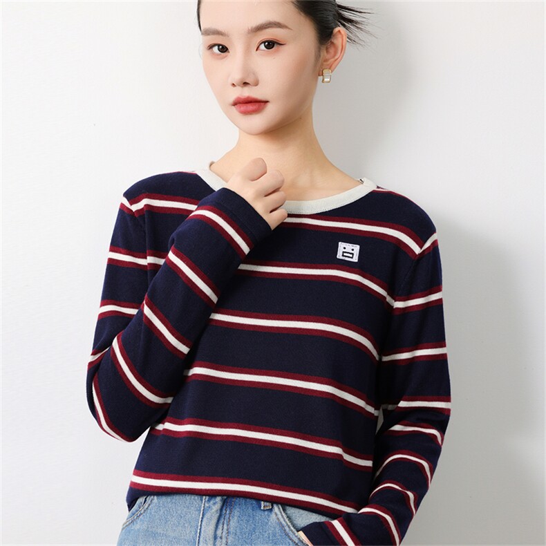 法式条纹圆领针织衫女2025新款长袖保暖打底毛衣洋气百搭毛衫上衣,针织衫/毛衣,菲奥羊绒