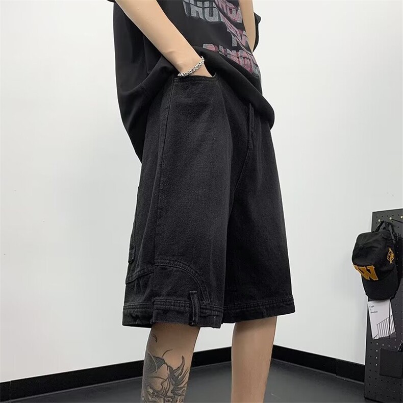 美式倒装牛仔短裤男夏季潮牌宽松水洗痞帅五分裤1001-1-D553-P45,男装牛仔裤,星座1001-1