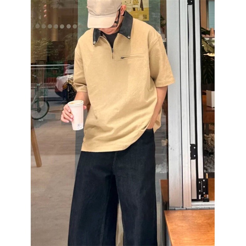 美式街头复古小众短袖Polo衫男女夏季宽松休闲学院风格子翻领T恤图片