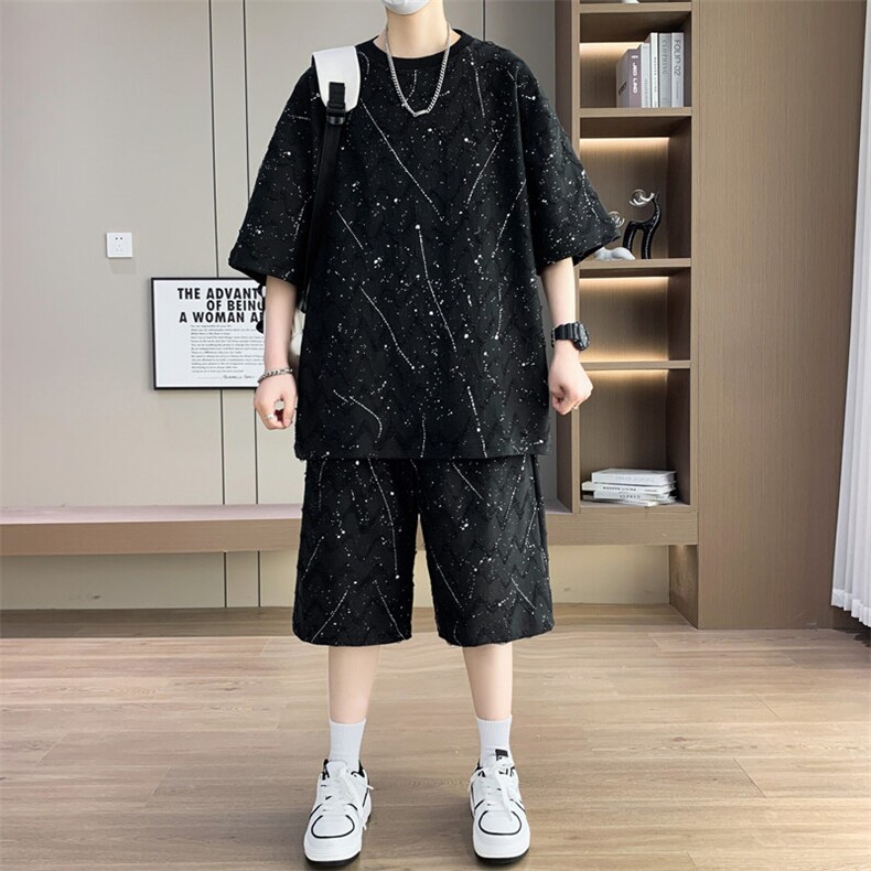 夏季港风套装男宽松满天星短袖T恤短裤休闲套装TZ6631-P55,男装牛仔裤,星座310B-3