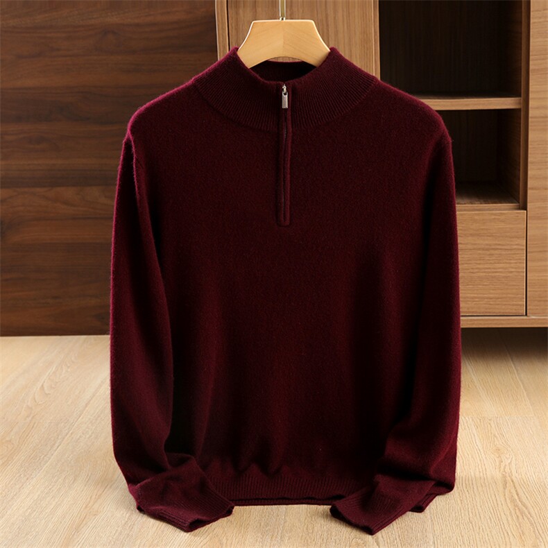 拉链半开领纯色气质时尚简约套头百搭羊绒衫男装，男装羊绒套衫，美创羊绒