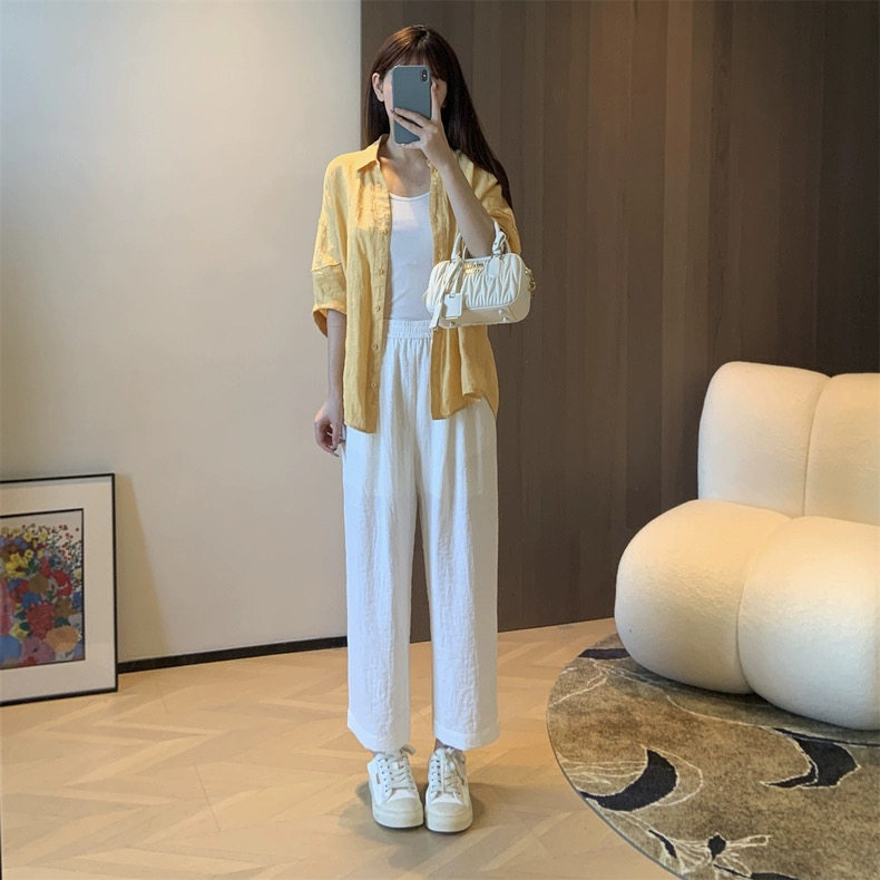 2025夏季松弛感翻领亚麻宽松设计感灯笼袖衬衫,女装衬衫,湘姗