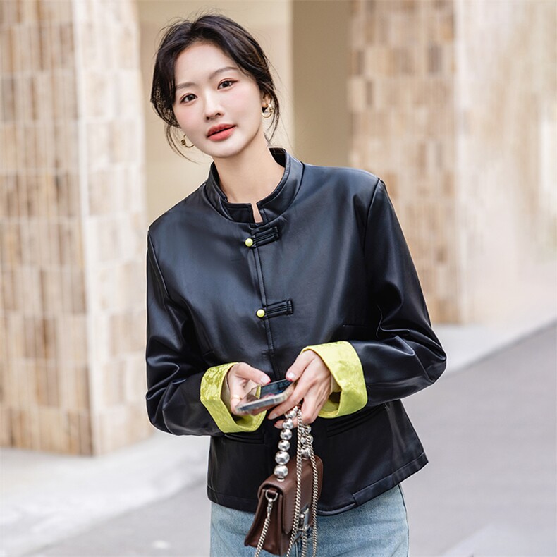 新中式国风盘扣皮衣外套女2025春秋季新款高级感独特超好看皮夹克,女装短外套,美静678