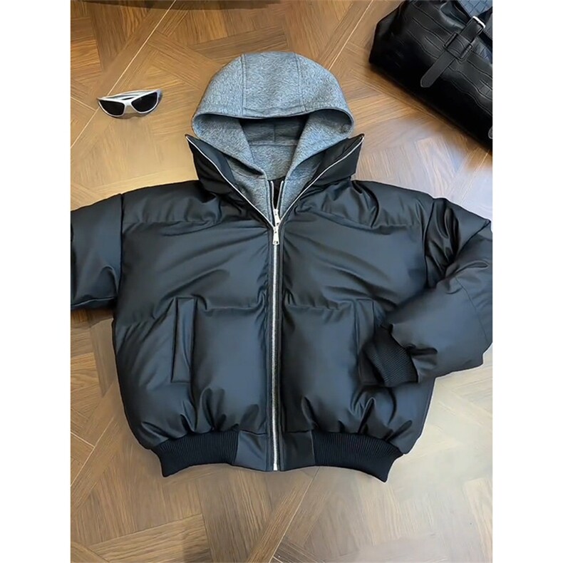 现货高品质重磅工艺美式高街假两件PU皮棉衣男女加厚棉服外套,男装棉衣,电商A486-1