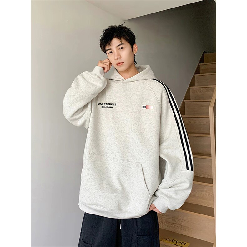 抖音得物品质480克全棉加绒织带连帽印花卫衣三条杠针织卫衣A0407,男装卫衣,电商A443