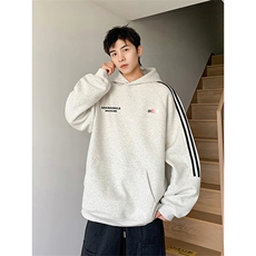 抖音得物品质480克全棉加绒织带连帽印花卫衣三条杠针织卫衣A0407，男装卫衣，电商A443