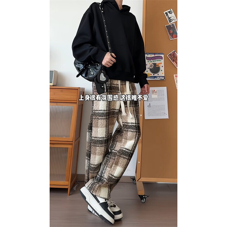 松弛感复古格子撞色长裤出街宽松版型潮搭休闲裤K691P45控78,男装休闲裤,电商A102B