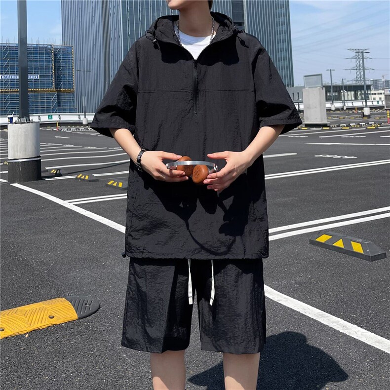 休闲运动短袖套装男夏季潮牌速干冰丝男士穿搭一整套图片