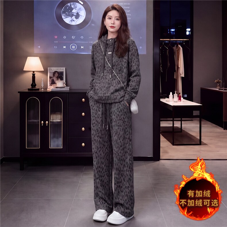 简约时尚休闲套装女秋冬款洋气减龄豹纹连帽长袖卫衣直筒裤两件套,女装套装/套裙,江南
