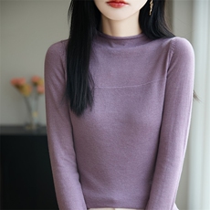 新款纯色圆领针织长袖套头上衣女时尚休闲，女装针织衫/毛衣，皓宇羊绒