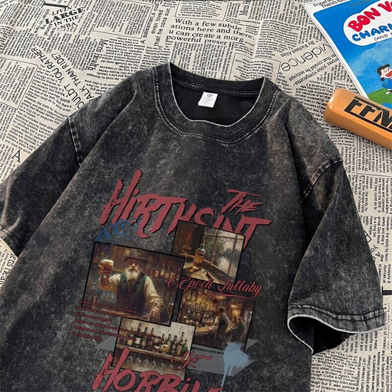 潮牌宽松短袖t恤蜡染美式复古高街水洗做旧517A-2-SX298-P38，男装T恤，星座517A-2