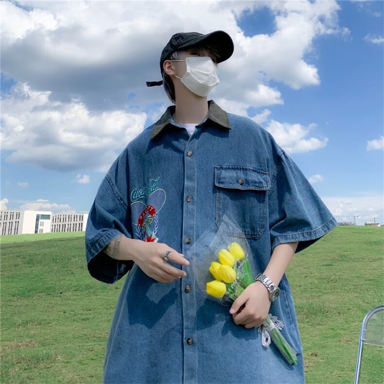 工装衬衣2023夏季高级感男休闲外套牛仔衬衫五分短袖W3437-P42,男装衬衫,星座512-2