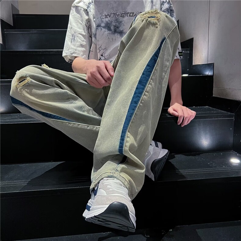 美式黄泥破洞牛仔裤男夏季直筒痞帅阔腿裤子高街vibe潮牌JN68-p45,男装牛仔裤,星座1008