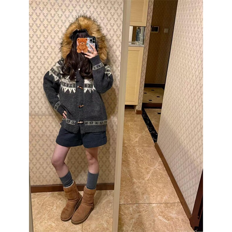 重磅北极绒座山雕大毛毛领毛衣外套冬美式复古休闲慵懒风针织开衫,男装针织衫/毛衣,电商A486-1