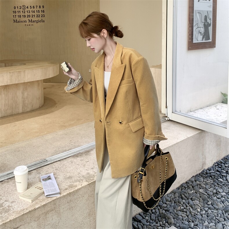 复古轻熟风黄色格纹拼接翻袖西装外套女2025秋季气质时髦淡人西服图片