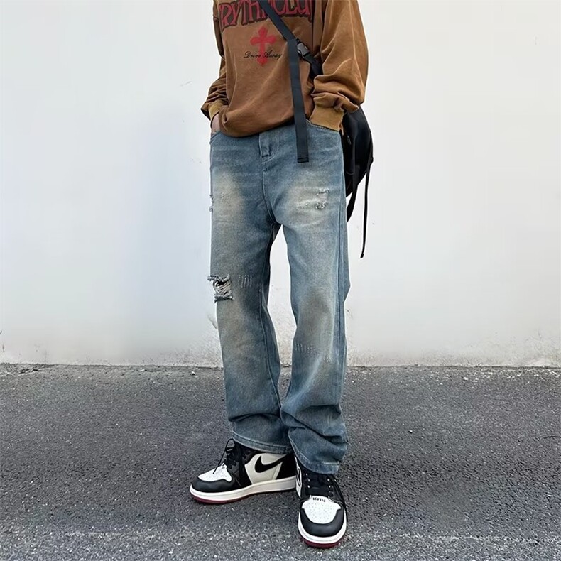 欧美做旧水洗破洞牛仔裤男士韩版潮流街头修身高级感长裤Z8821P42,男装牛仔裤,星座1116-2