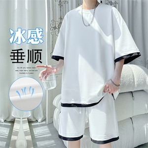 特批P55无差价夏季假两件拼接冰丝薄款垂感短袖短裤套装男士TZ303图片