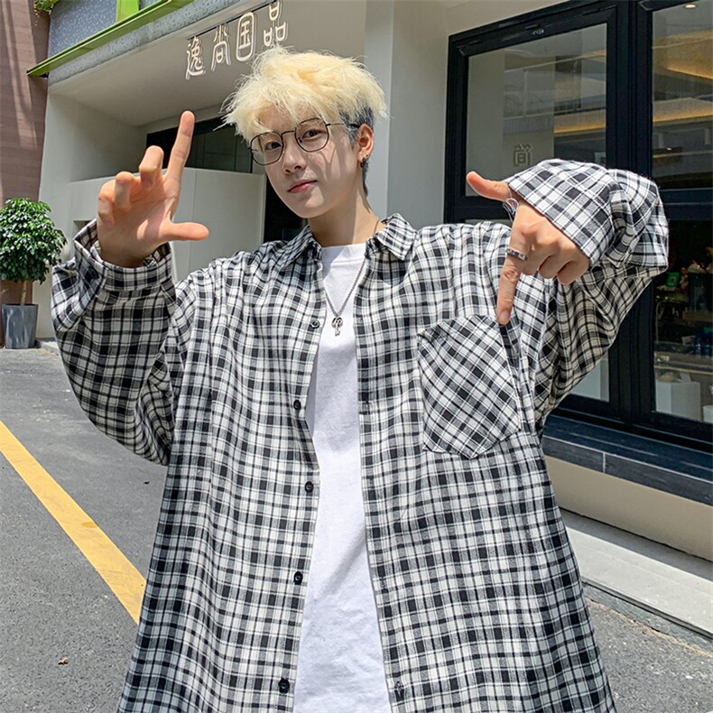 衬衫男秋季新款港风宽松磨毛格子长袖衬衣CS510-P38(现货）,男装衬衫,星座214-3