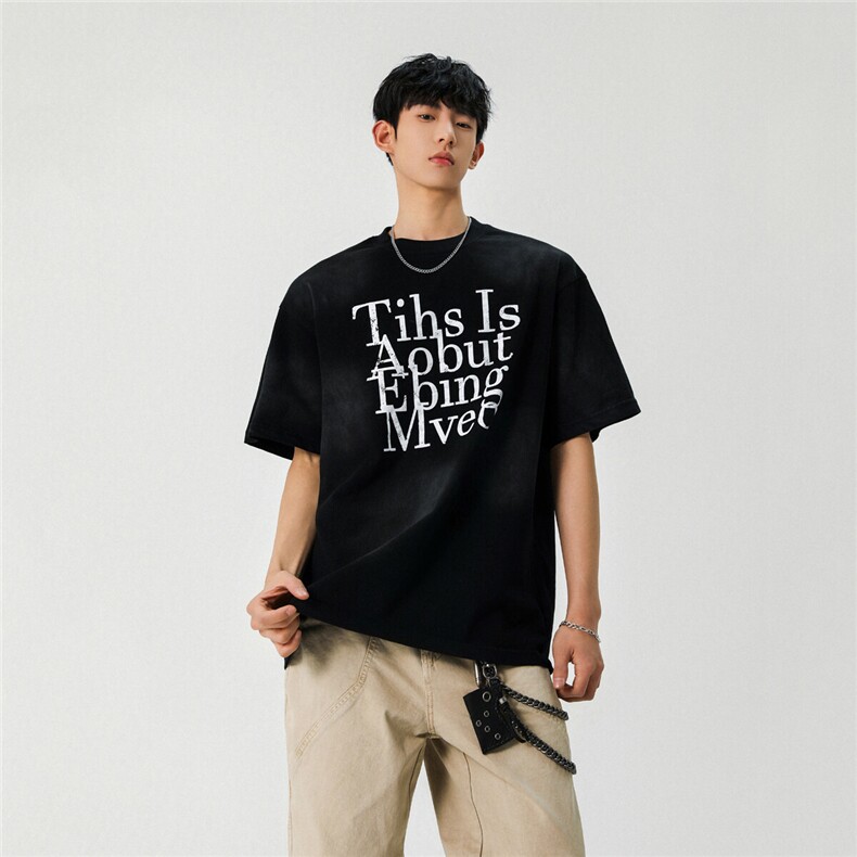 2025新款潮牌短袖宽松韩版字母印花扎染工艺T恤T9049/P5588,男装T恤,星座202