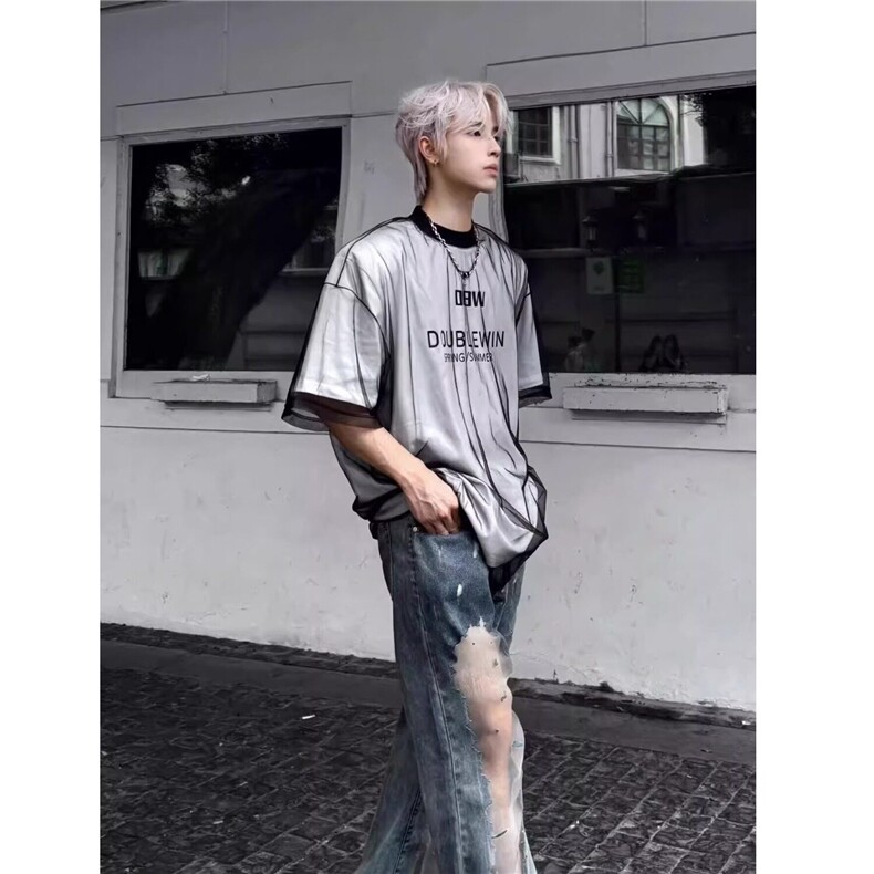 假两件网纱短袖男夏季美式痞帅高级感t恤潮牌设计感小众高街半袖,男装T恤,星座1608-2