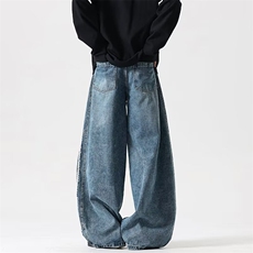 大码胖mm解构弯刀牛仔裤男女宽松条纹拼接阔腿坠感长裤RK3197-P53，男装牛仔裤，星座412-3