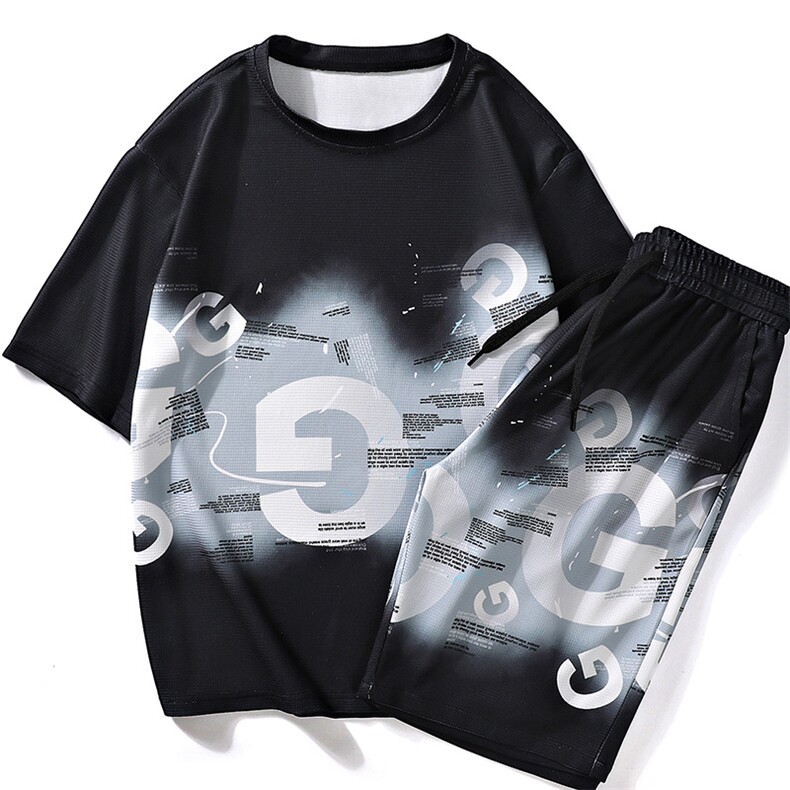 夏季短袖套装潮牌印花冰丝t恤运动休闲两件套衣服A438-TZ08-P65,男装T恤,电商A438