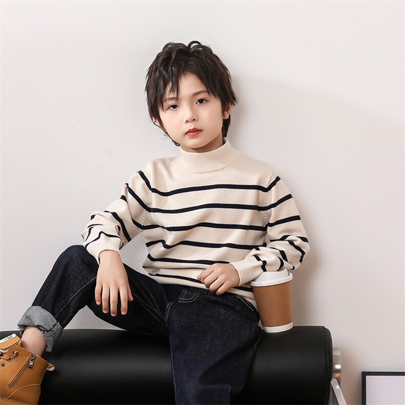 时尚儿童半高领条纹毛衣秋冬保暖针织衫男童女童百搭款，童装毛衣，绒颖羊绒