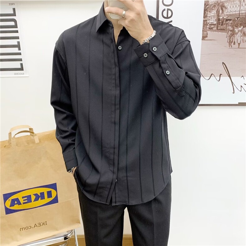 GS513P45复古宽松条纹百搭长袖衬衫日系港风男士休闲衬衣外套,男装衬衫,星座1108-5