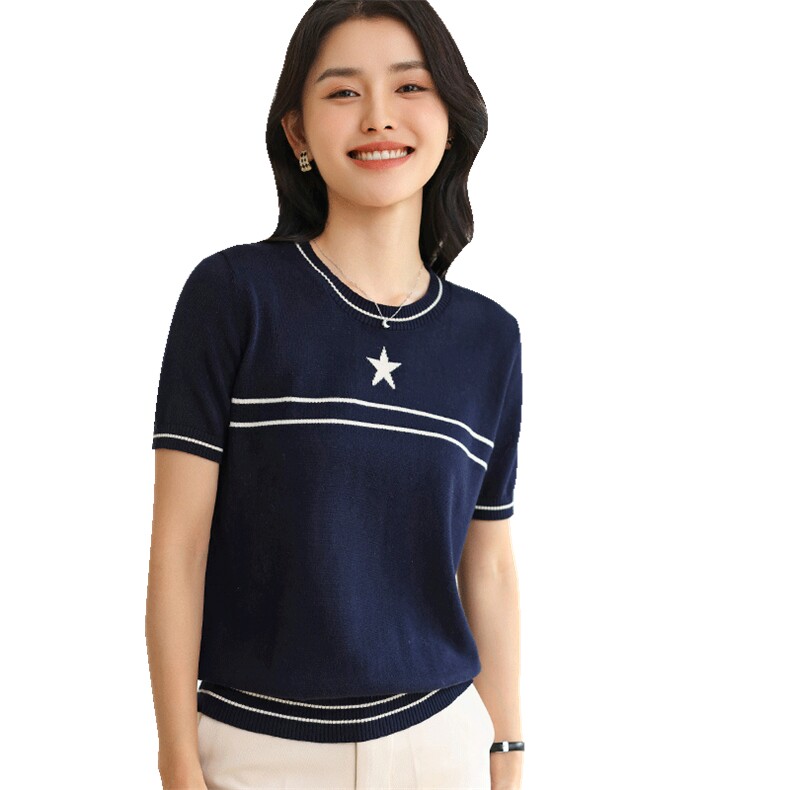 白色短袖t恤女2025新款夏季纯棉针织修身高腰法式高级感短袖上衣,女装T恤,伊绒腾羊绒