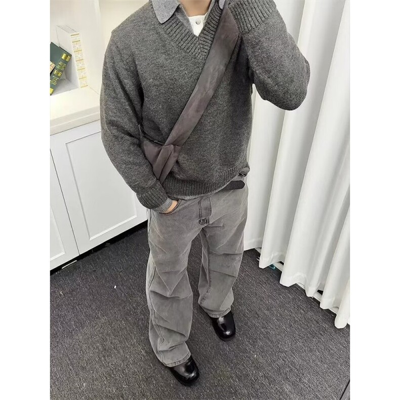【网图】高品质复古假两件针织衫男慵懒高级感宽松毛衣外套,男装针织衫/毛衣,星座410-7