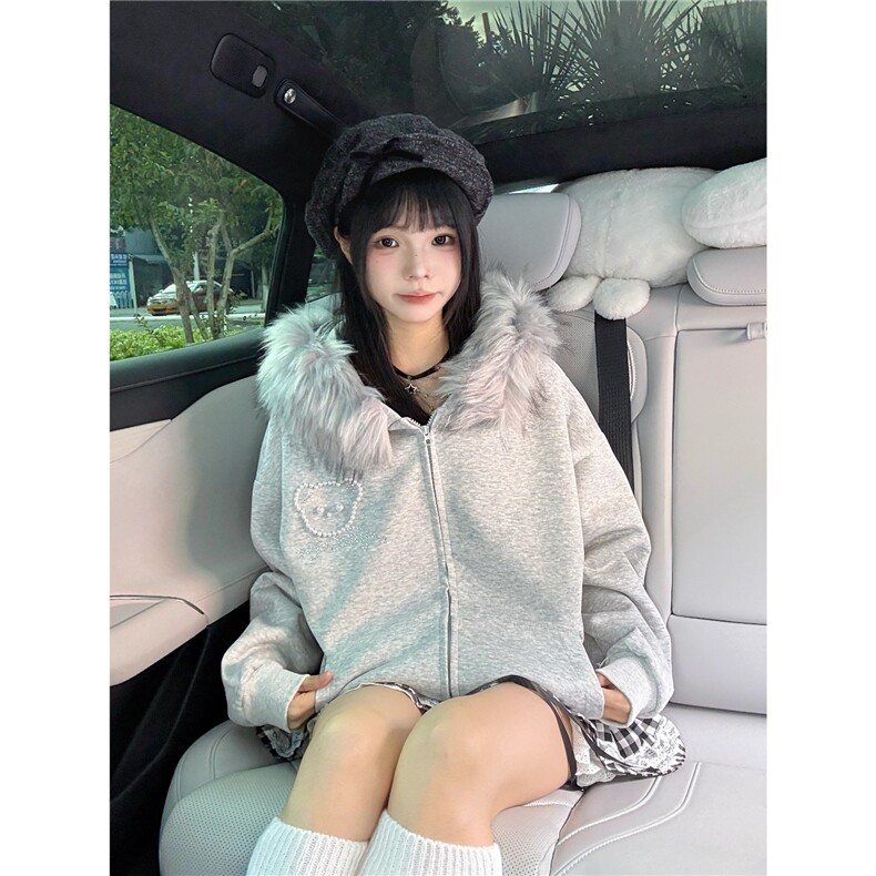 钉珠烫钻小熊耳朵毛领连帽卫衣女宽松慵懒风chic加绒加厚开衫外套,女装短外套,星座506A