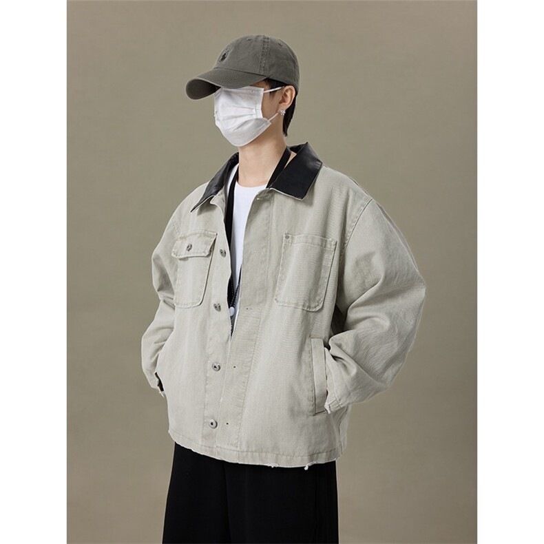 灰色拼接pu皮领牛仔外套男女秋冬工装褂子美式情侣夹克HH8967P70，男装工装外套，星座1013-5