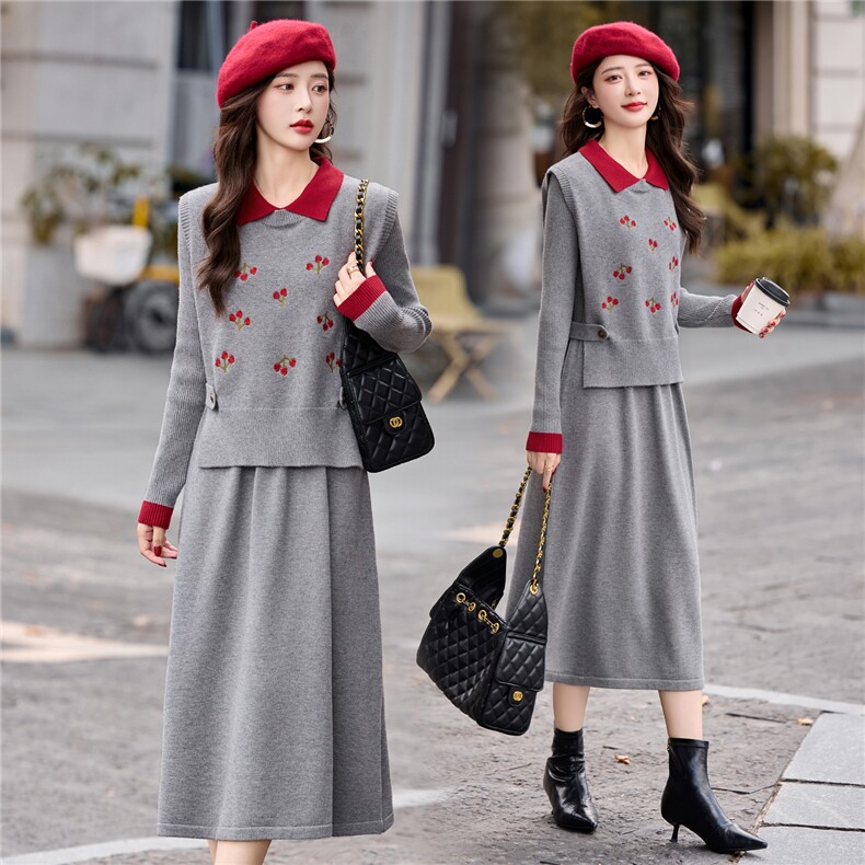 新款女装秋冬季刺绣针织马甲连衣裙两件套，女装套装/套裙，依多米