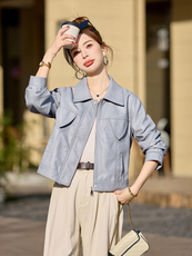 显瘦修身翻领PU皮衣外套女2025新款春秋短款超好看机车服夹克，女装皮衣，缘衣格