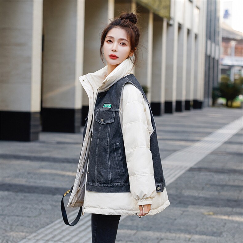 洋气牛仔拼接羽绒服女2022冬装新款女装韩版时尚保暖白鸭绒外套,女装羽绒服,慧尚依恋