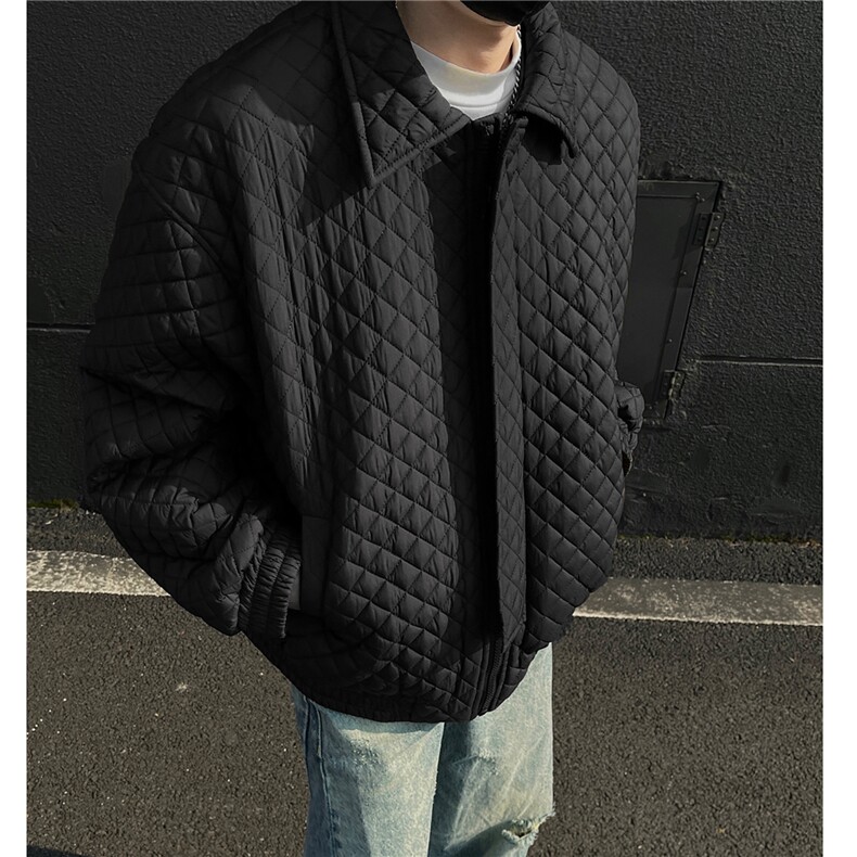 冬装新品设计感菱形格加厚棉服翻领夹克外套男H1037特P95,男装棉衣,电商A341