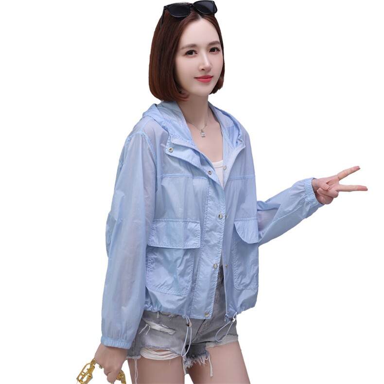 夏季轻薄透气连帽防晒衣女大版宽松拉链薄外套防晒开衫中长款,女装防晒衣,天丽