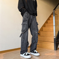 秋季美式高街阔腿重工艺水洗直筒工装牛仔裤221-1-K717-P65，男装牛仔裤，星座221-1