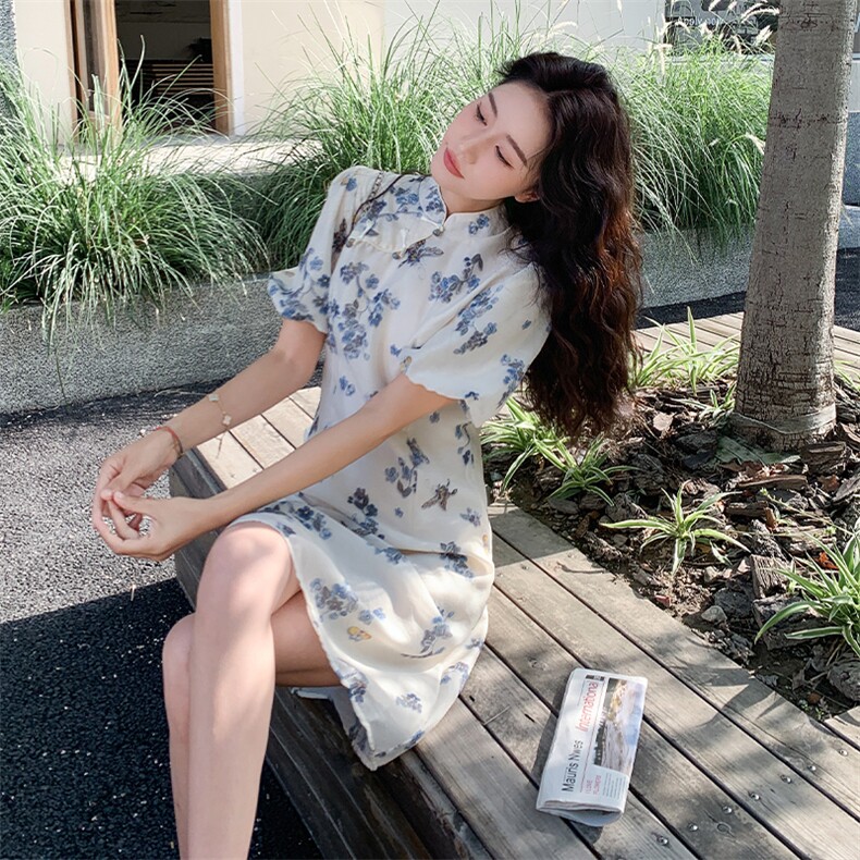 新中式立领旗袍印花连衣裙女欧洲站2025夏季新款泡泡袖显瘦A字裙,女装连衣裙,2C260