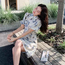 新中式立领旗袍印花连衣裙女欧洲站2025夏季新款泡泡袖显瘦A字裙，女装连衣裙，2C260