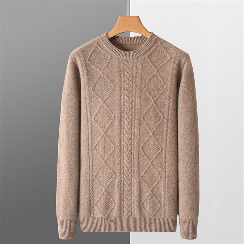 秋冬季纯毛男士七针加厚男士麻花圆领羊毛衫，男装羊毛衫，君贝羊绒